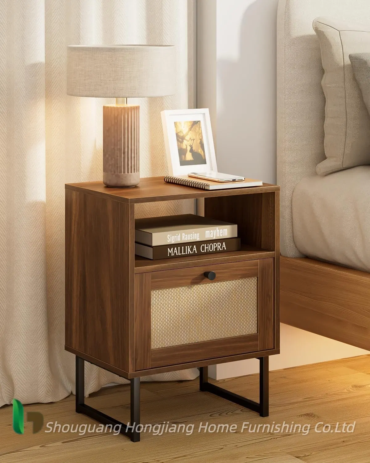 Boho Night Stand Farmhouse Wood Bedside Table with Storage
