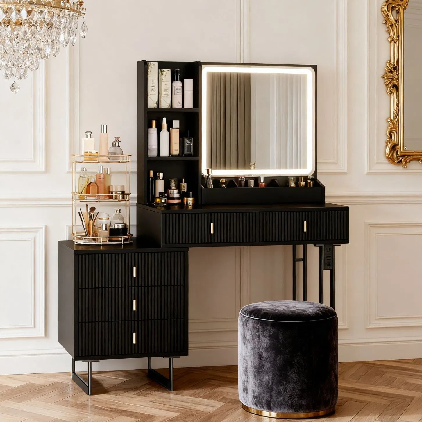 Luxury Bedroom Vanity Table &amp; Makeup Table with Makeup Mirror Dressing Table Dresser Large Mirror LED Light with Adjustable Brightness