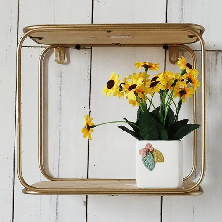 Custom Metal Decoration Square Rustic Wood Wire Frame Hanging Oval Floating Wall Display Shelves