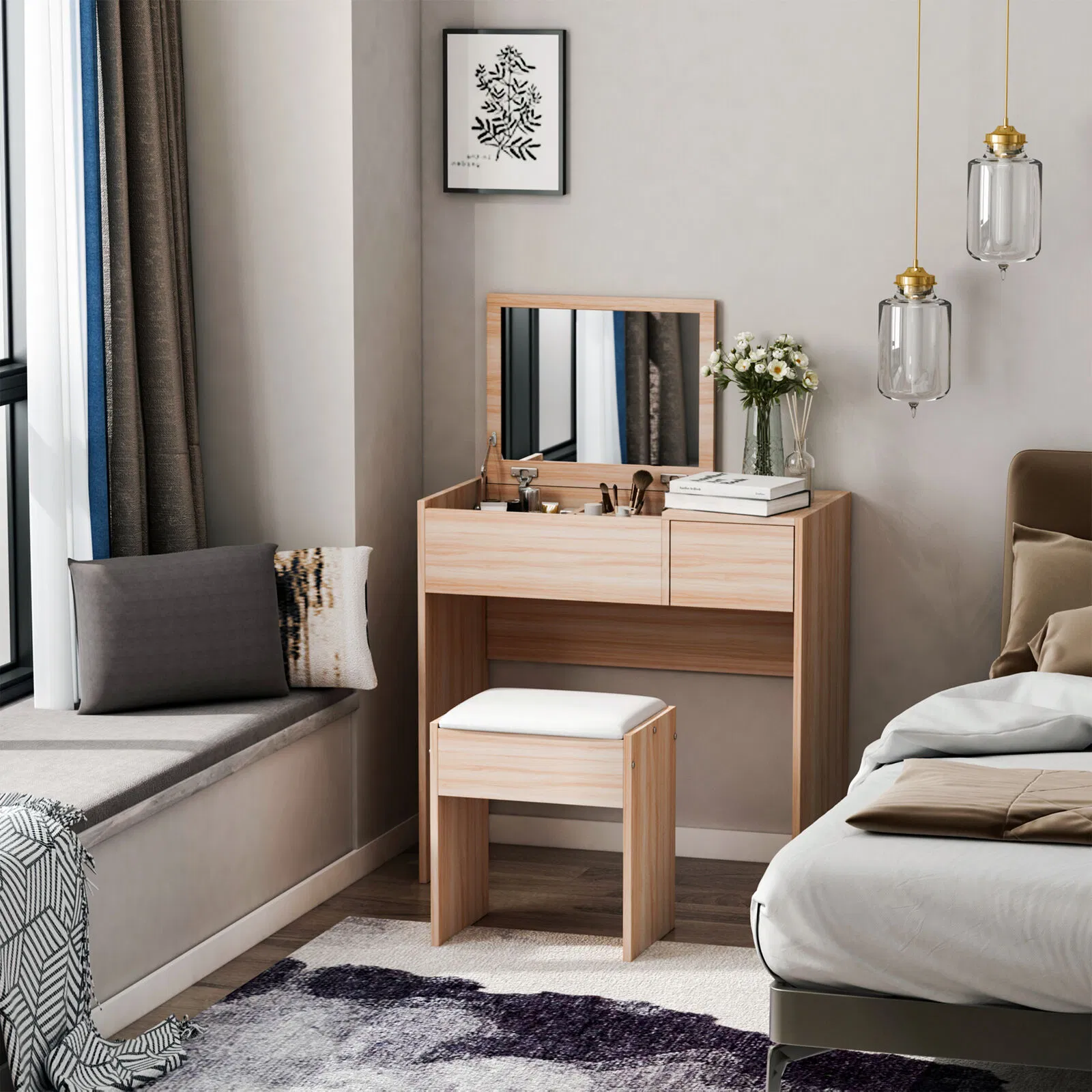 Modern Antique European Folding Foldable Flip up Makeup Vanity Mirror Wooden Dressing Table Mirror Stool for Bedroom