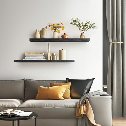 Homeforia 16 Inch Black Floating Shelves, High End Solid Real Wood 16inch Bathroom Floating Shelves for Wall Mounted, 16in Wooden Small Floating Shelf, Heavy Du