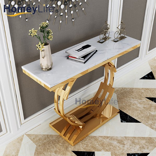 Home Living Room Rectangle Side Gold Legs Marble Top Entryway Table Console