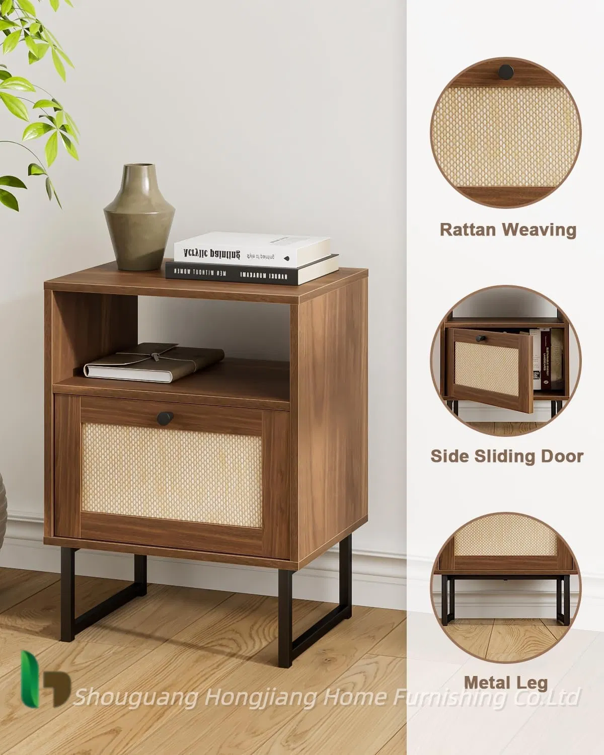 Boho Night Stand Farmhouse Wood Bedside Table with Storage