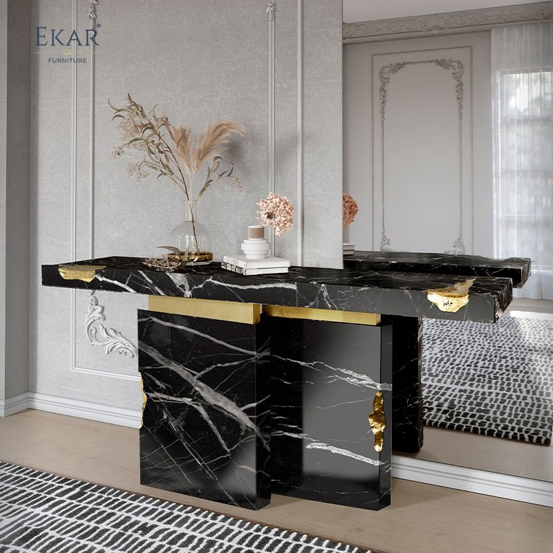 Modern - Style Living Room Console Table: Marble Top with Gold Accents, Dual - Block Base, Elegant &amp; Luxurious Entryway Decor