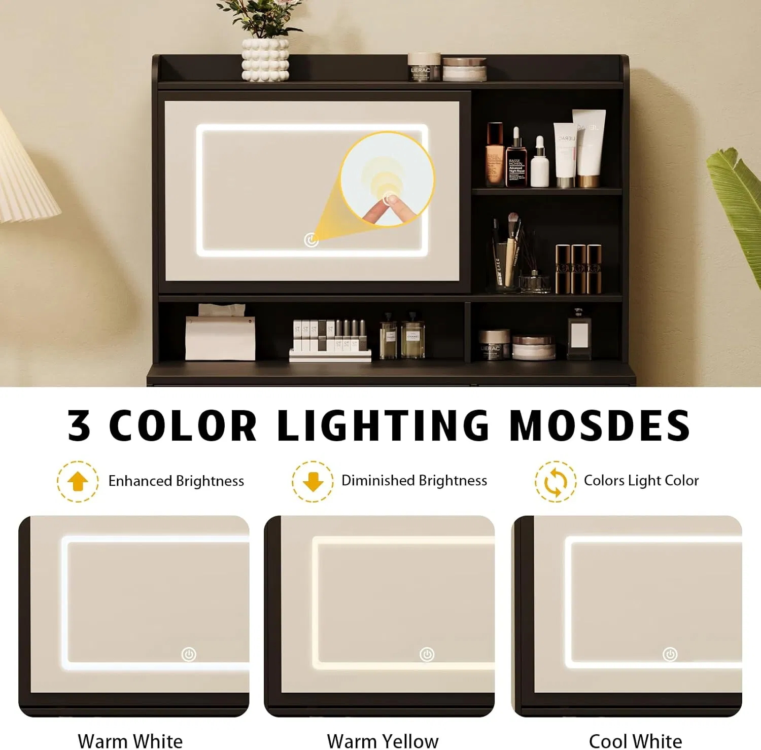 Space Saving Black Bedroom Furniture LED Light Sliding Cabinet Makeup Vanity Dressing Table