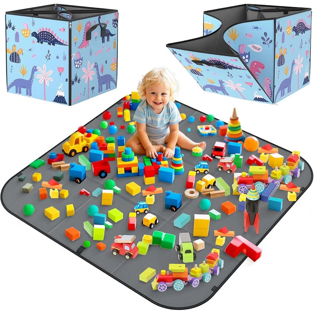 2-in-1 Foldable Toy Storage Play Mat with PP Board &amp; Zipper - Large Collapsible Organizer for Toy