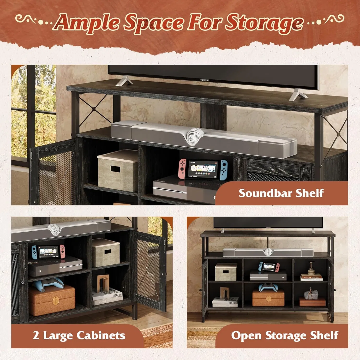 Black Metal Net Door Design Industrial TV Console for Bedroom Living Room