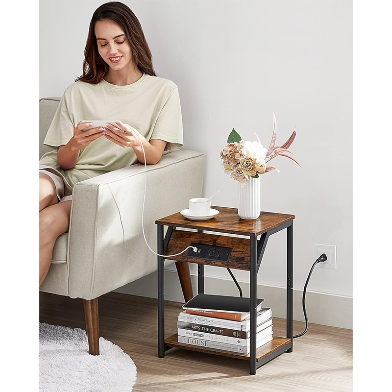 Small Nightstand Sofa Bedside Side End Table with Storage and Charging Station for Living Room