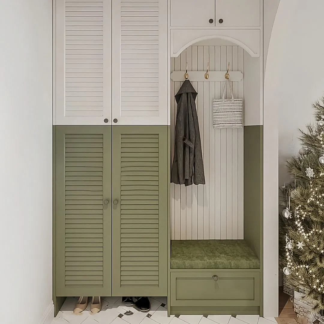 Traditional Style Light Green Louver Cabinet Door Breathable Shoe Cabinet Residential Home Shoe Cabinet Durable Wooden Custom Shoe Cabinet