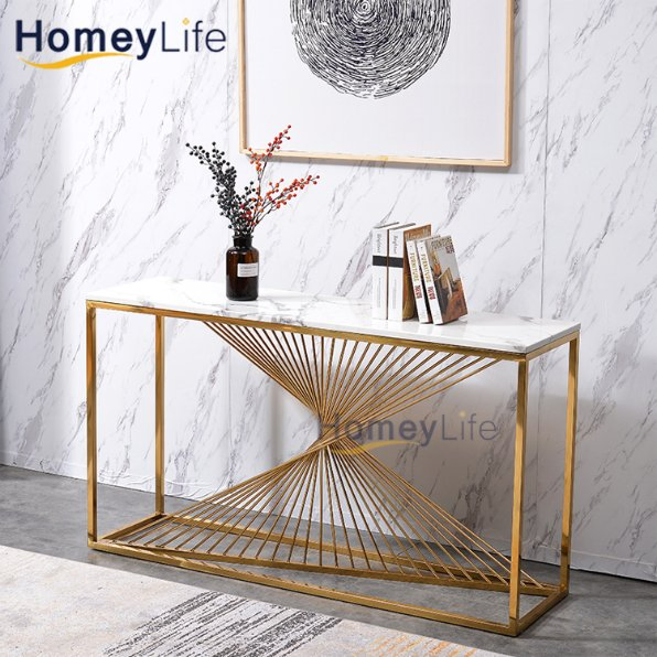 Home Living Room Rectangle Side Gold Legs Marble Top Entryway Table Console