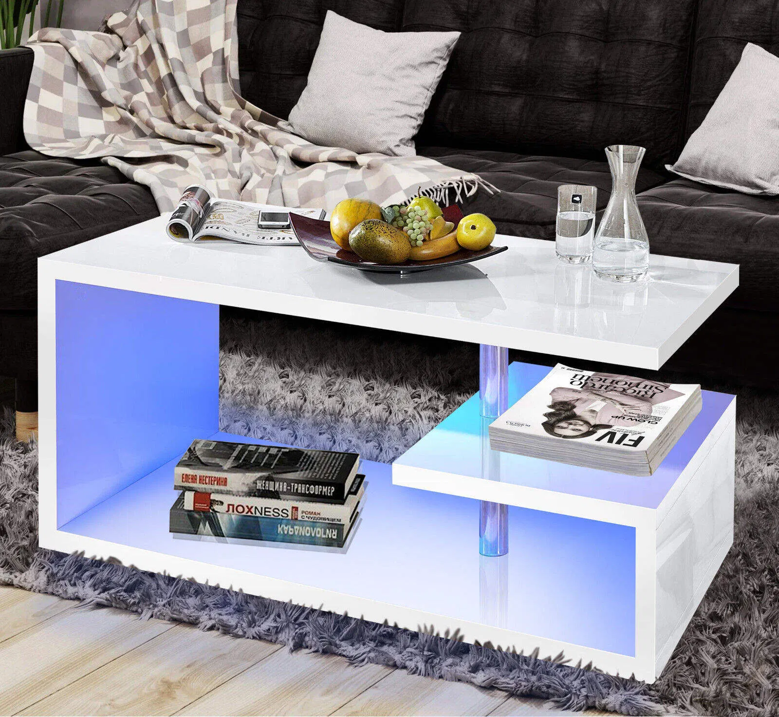 Modern High Gloss RGB LED Bedside Table 2 Drawers Nightstand Side Cabinet
