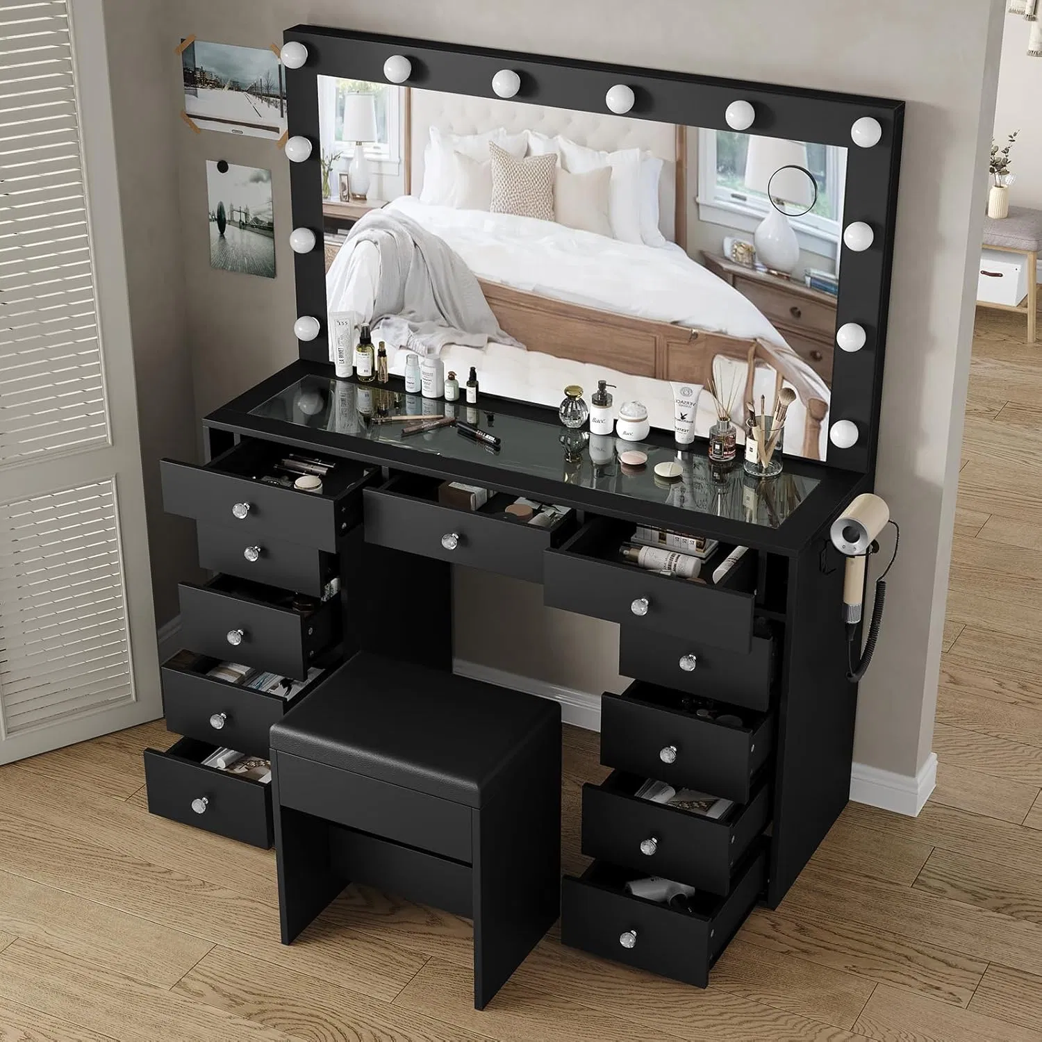 Modern Black Dressing Table with Bulb Lighted Mirror and Storage Drawers for Bedroom Organization and Makeup Routine