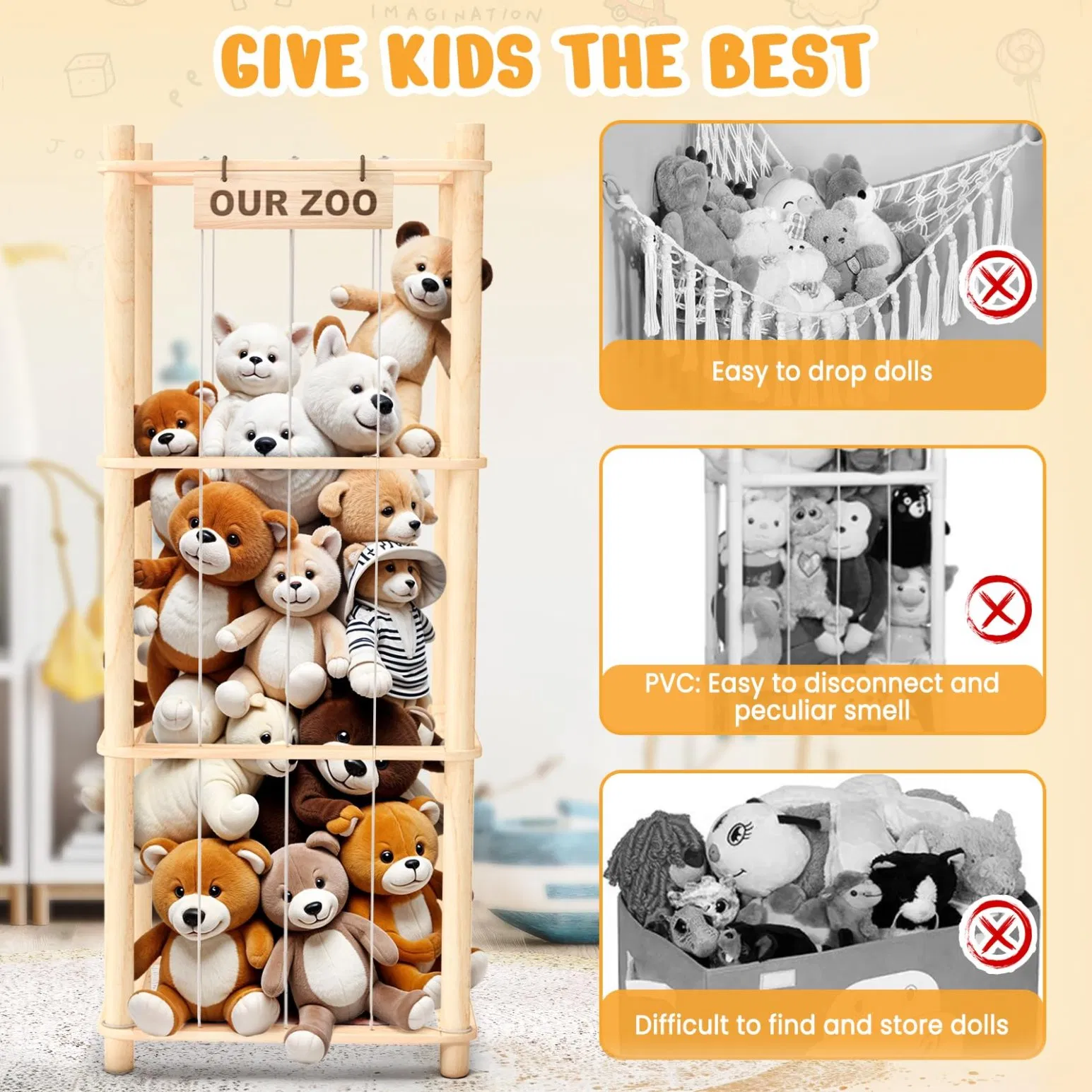 Stuffed Animal Storage &amp; Organizer, Wooden Cute Zoo Toy Holder for Toddler Rooms, Playrooms &amp; Bedrooms