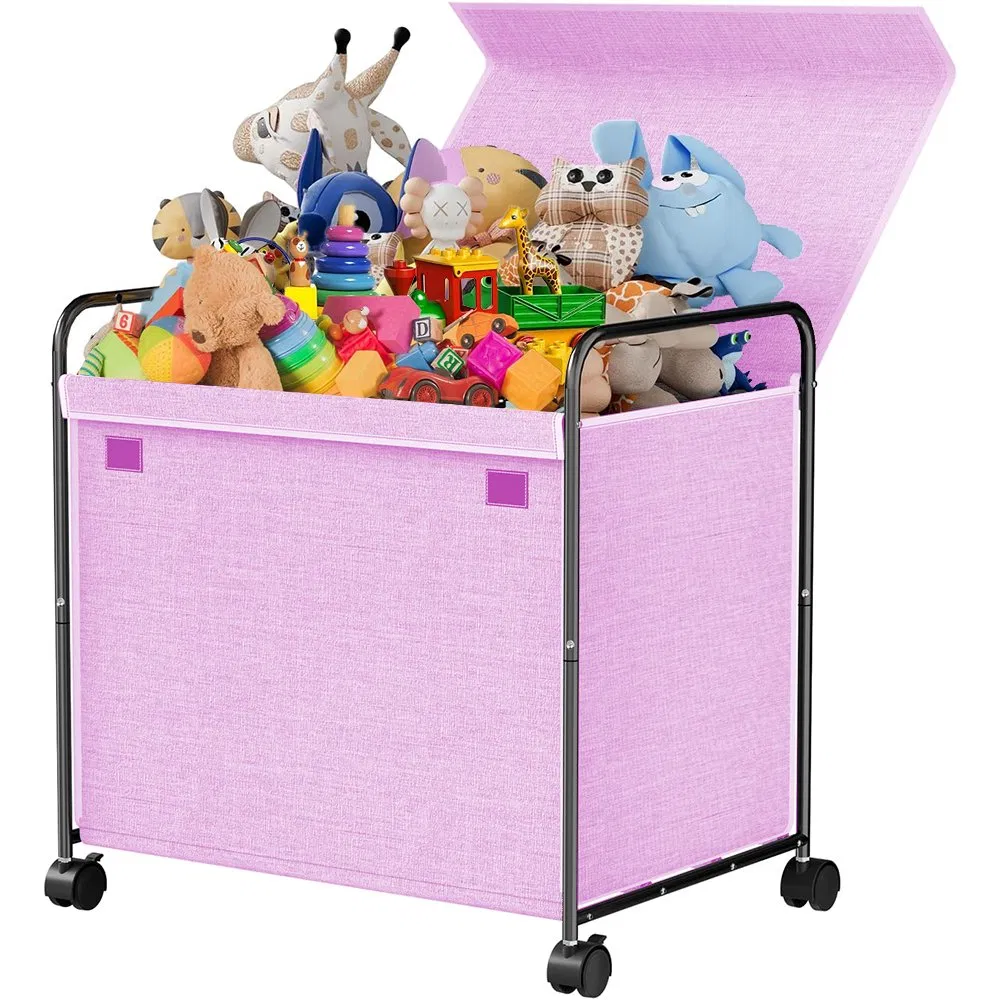Foldable Metal Rack Large Toy Storage Box Organizer for Bedroom with Wheels