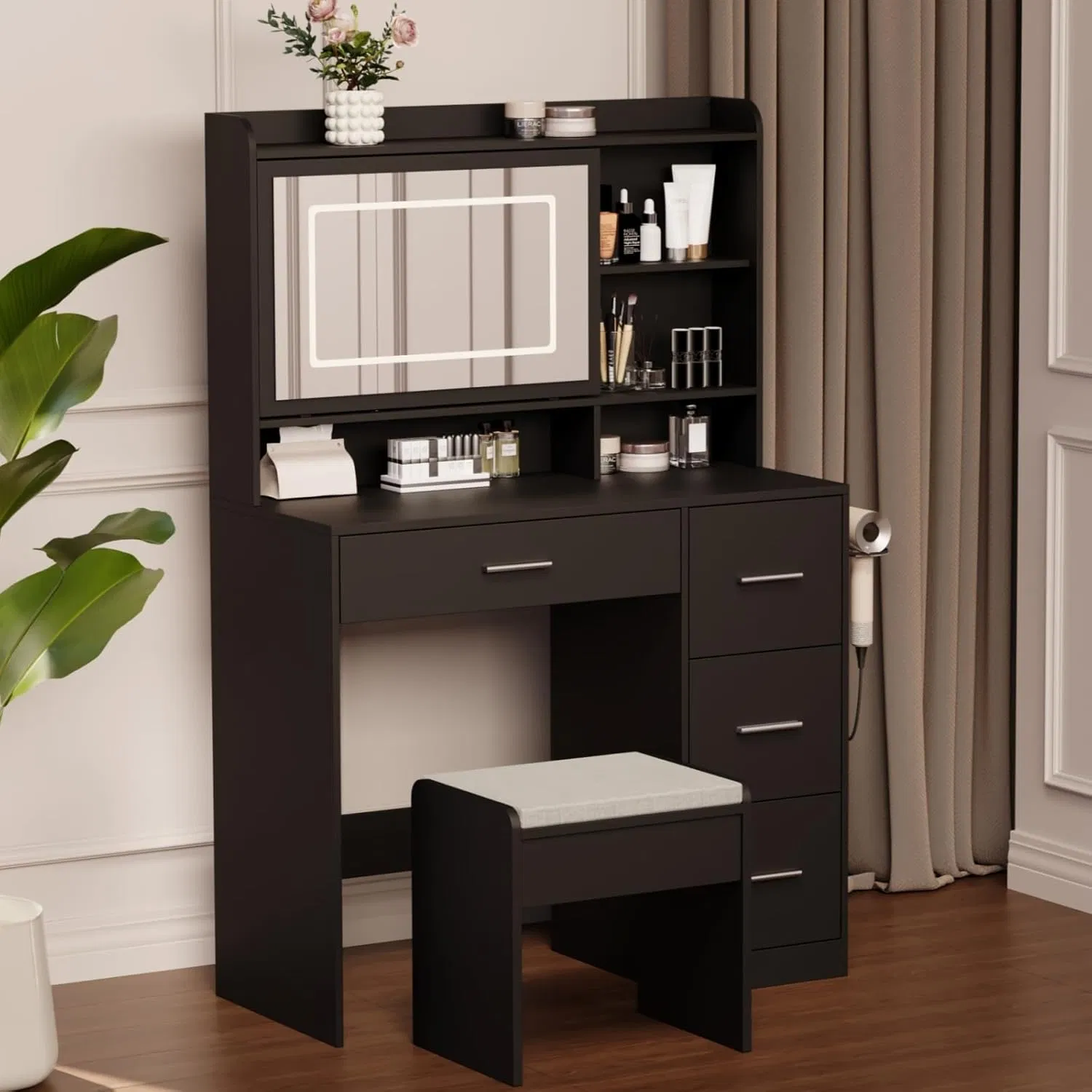 Space Saving Black Bedroom Furniture LED Light Sliding Cabinet Makeup Vanity Dressing Table