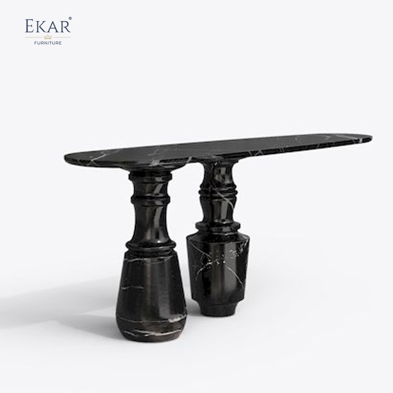 Modern - Style Living Room Console Table: Black Marble Top with Unique Dual Pedestal Base, Elegant Entryway Accent Piece