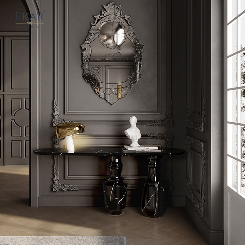 Modern - Style Living Room Console Table: Black Marble Top with Unique Dual Pedestal Base, Elegant Entryway Accent Piece