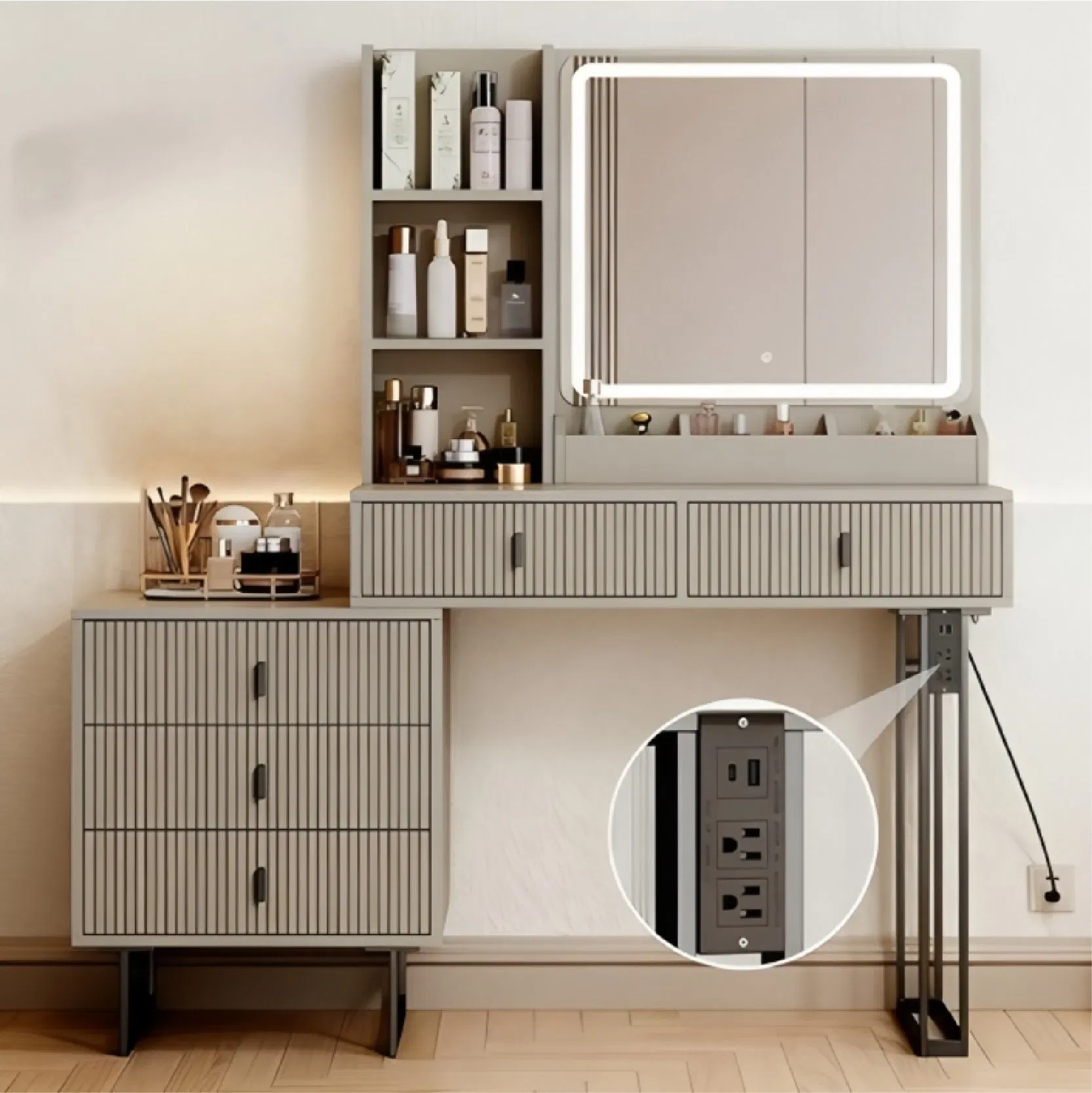 Luxury Bedroom Vanity Table &amp; Makeup Table with Makeup Mirror Dressing Table Dresser Large Mirror LED Light with Adjustable Brightness