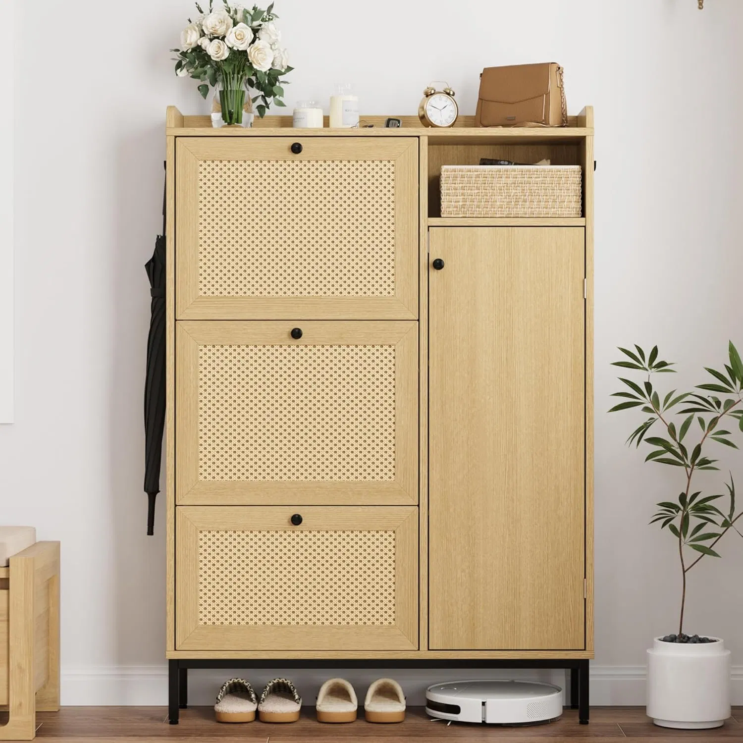 Shoe Cabinet Rattan with 3 Flip Drawer-Freestanding Shoe Organizer with Shelves