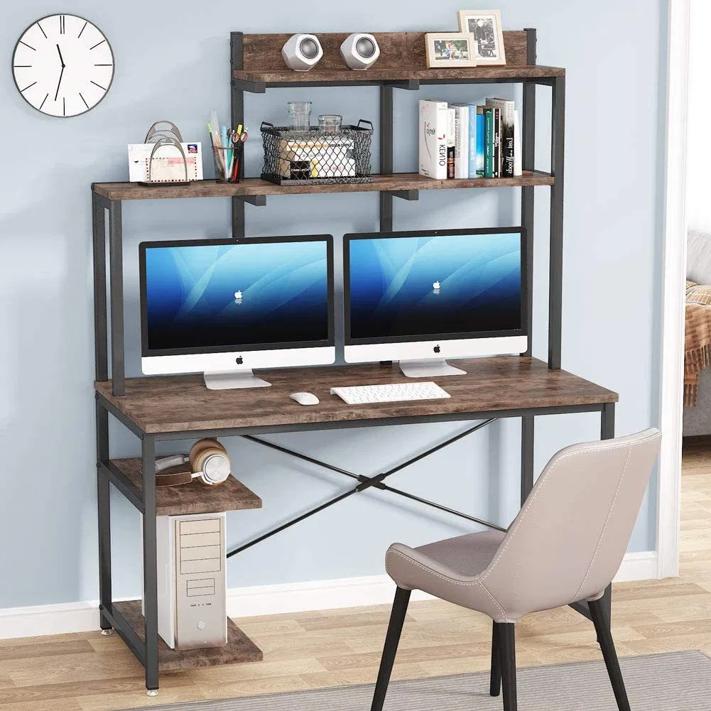 Versatile Wooden Computer Desk with Integrated Bookshelf for Home Office Organization