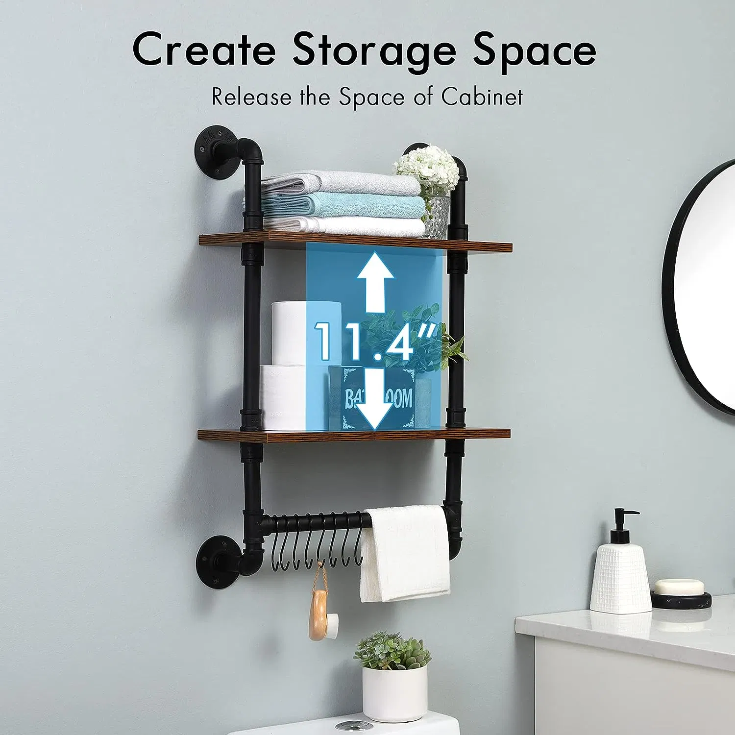 Wall Mounted Industrial Style Pipe Floating Shelf with Iron Pipe Connectors for Farmhouse