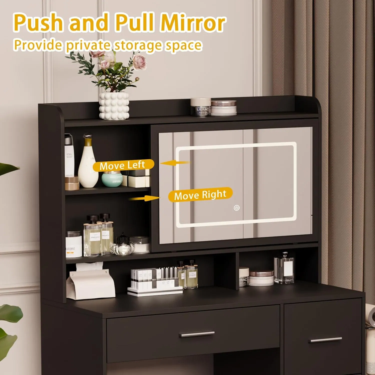 Space Saving Black Bedroom Furniture LED Light Sliding Cabinet Makeup Vanity Dressing Table