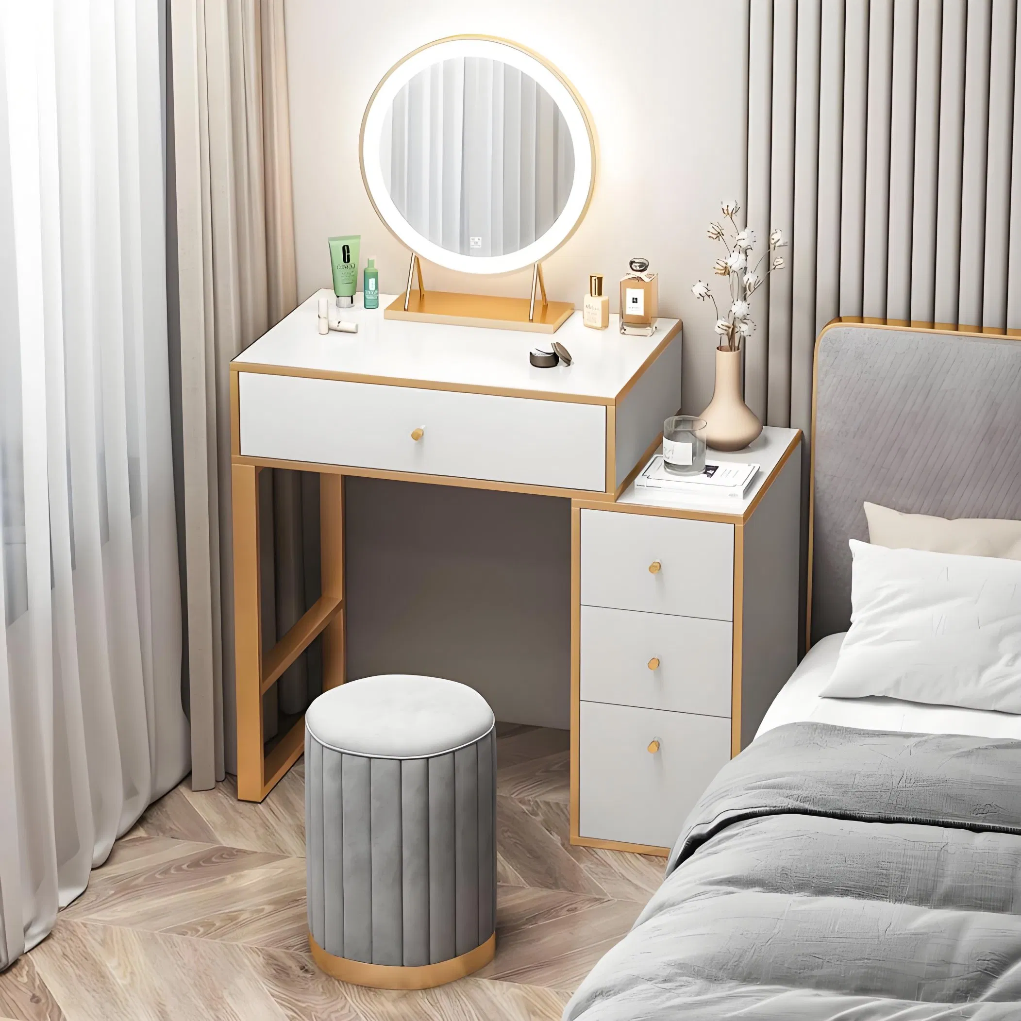Elegant Modern Bedroom Dressing Table with Mirror Nordic Style Wardrobes with Makeup Adjustable Drawers