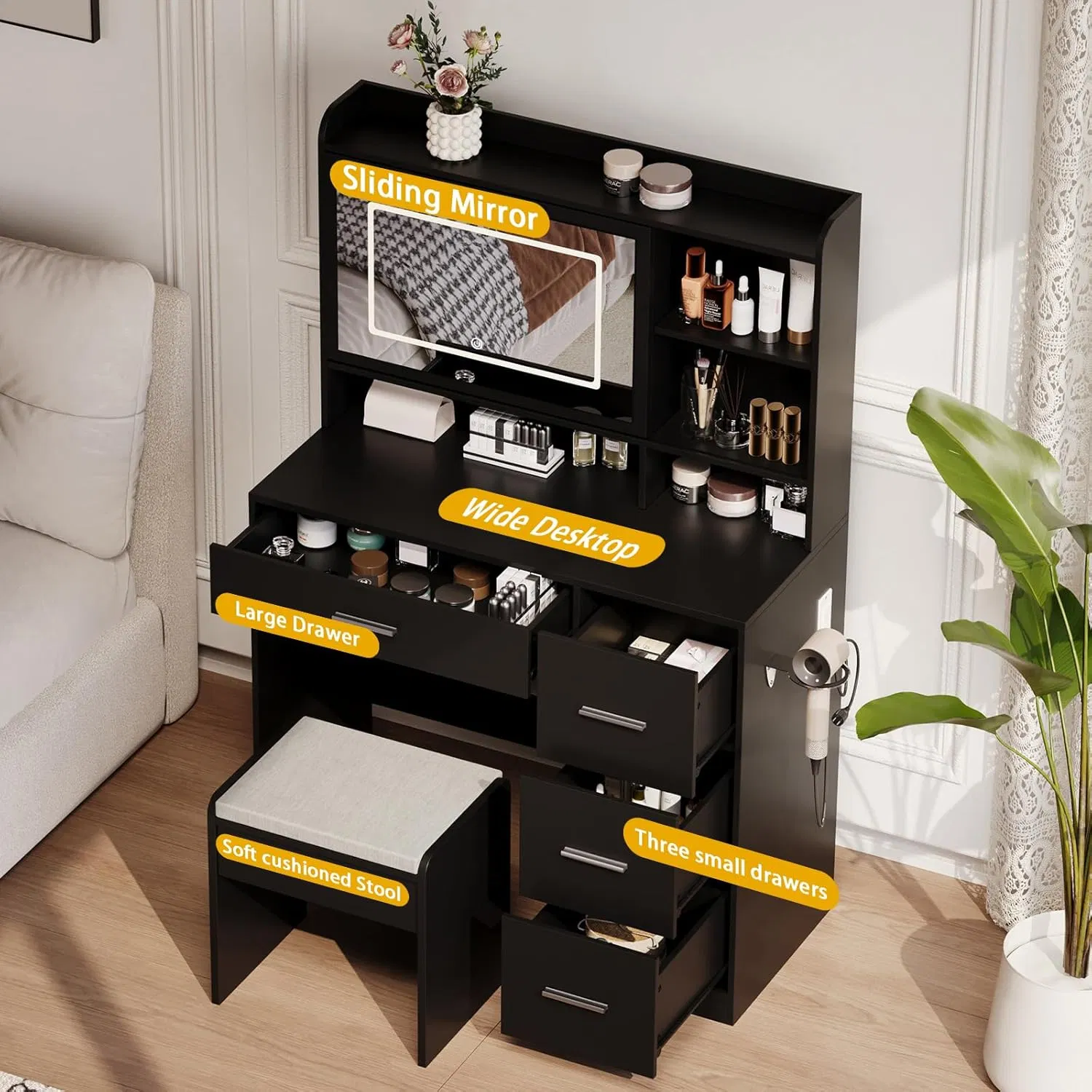 Space Saving Black Bedroom Furniture LED Light Sliding Cabinet Makeup Vanity Dressing Table