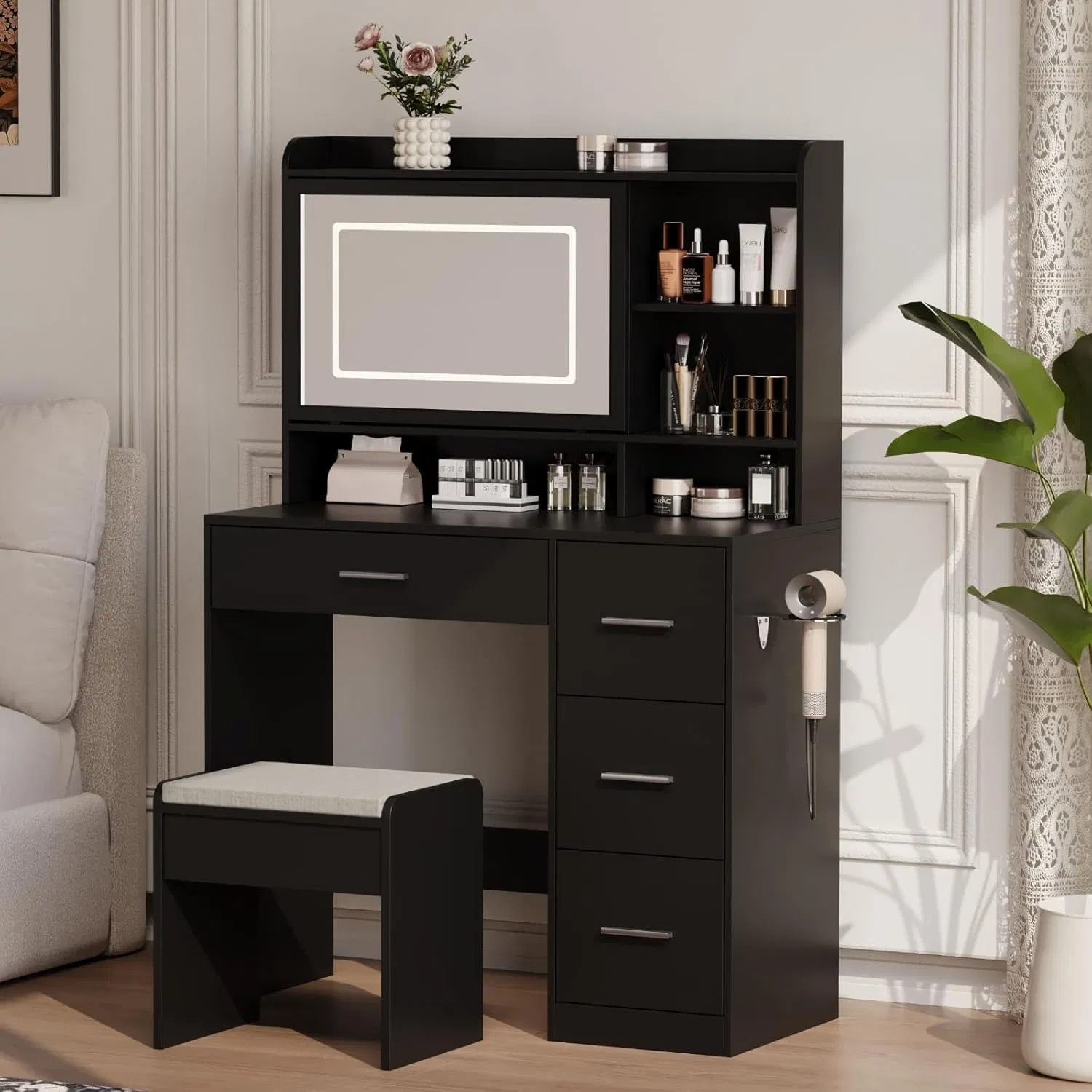 Space Saving Black Bedroom Furniture LED Light Sliding Cabinet Makeup Vanity Dressing Table
