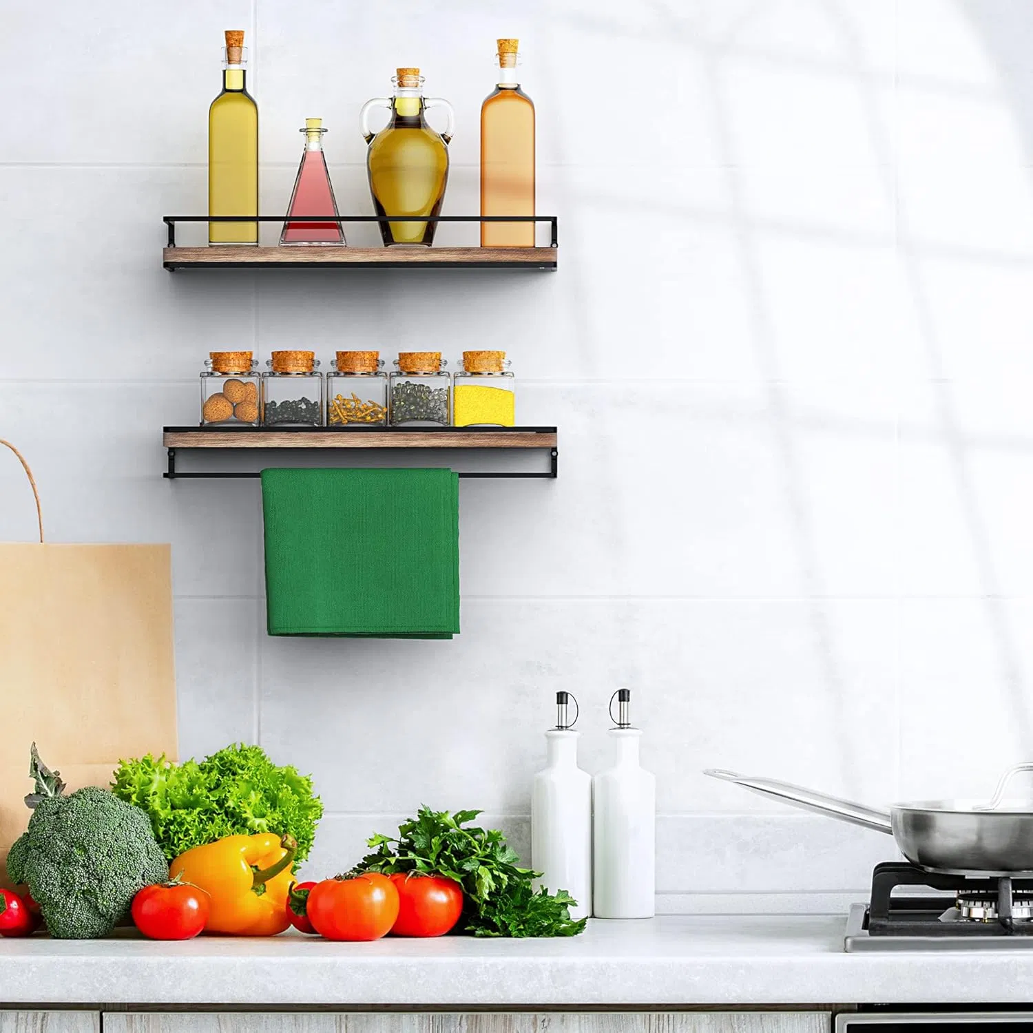 Floating Shelves Wall Mounted Set of 2 Rustic Wood Wall Storage Shelf for Bedroom Living Room Bathroom Kitchen