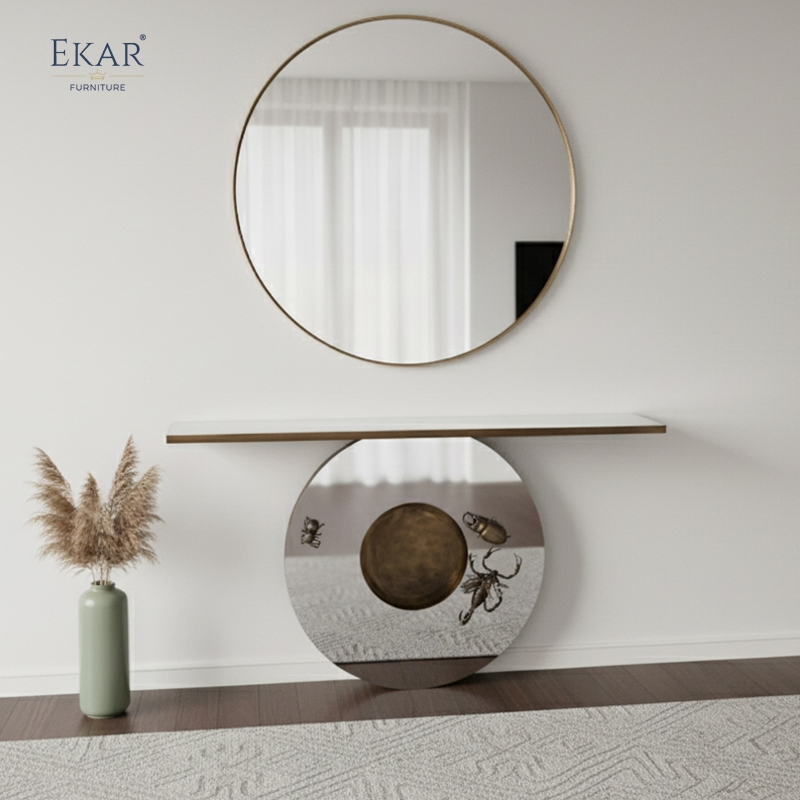 Modern - Style Living Room Console Table: Stainless Steel Construction with Circular Base &amp; Unique Insect Accents, Sleek Entryway Piece