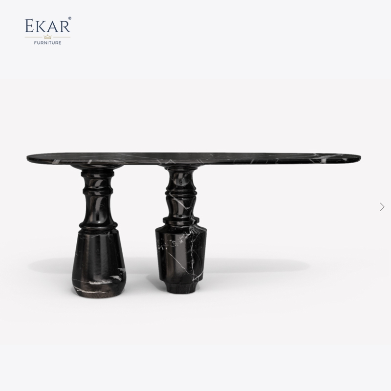 Modern - Style Living Room Console Table: Black Marble Top with Unique Dual Pedestal Base, Elegant Entryway Accent Piece