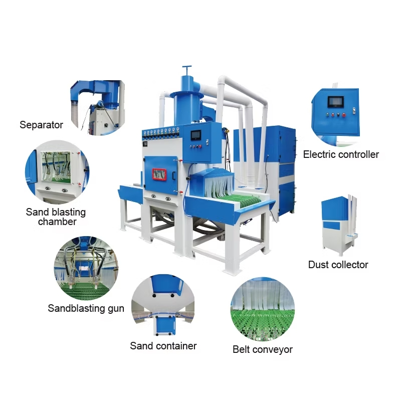 Belt-Driven Continuous Sandblasting System with 8 Blast Guns 700-1500PCS/Hour Output Conveyor Type Sand Blasting Machine