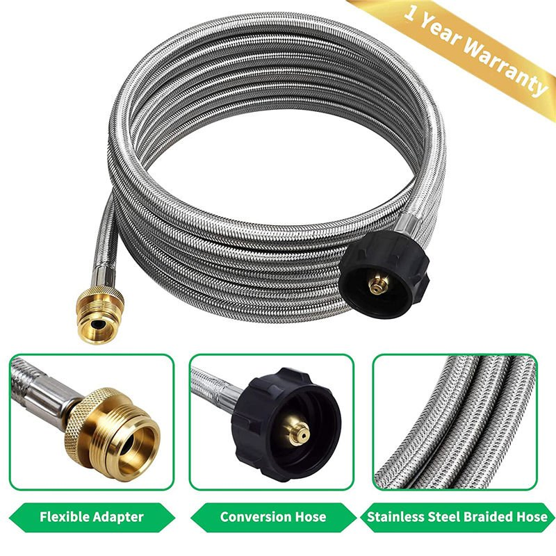 12FT Propane Stainless Braided Hose Tank Adapter Qcc Head 1''-20 Male Braided Steel Hose for Camping Stove Smooth Surface