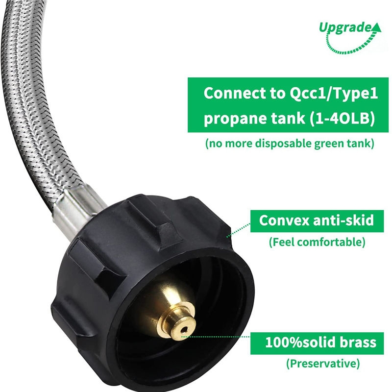12FT Propane Stainless Braided Hose Tank Adapter Qcc Head 1''-20 Male Braided Steel Hose for Camping Stove Smooth Surface