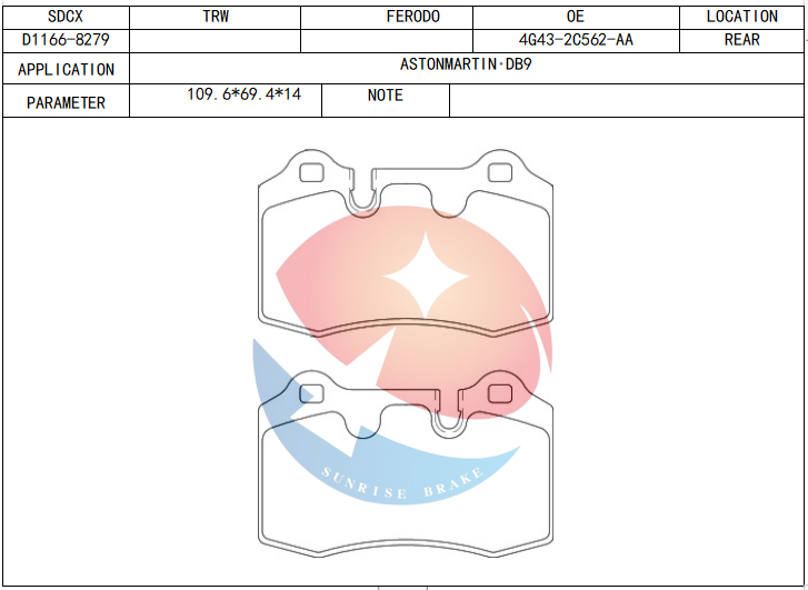 SDCX Auto Parts Accessories Brake Pad D1166-8279 / 4G43-2C562-AA for Aston Martin VANTAGE Convertible