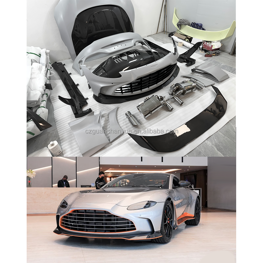 V12 Vantage Style Full Set Wide Body Kit Carbon Fiber Front Bumper Rear Wing &amp; Exhaust System Parts for Aston Martin