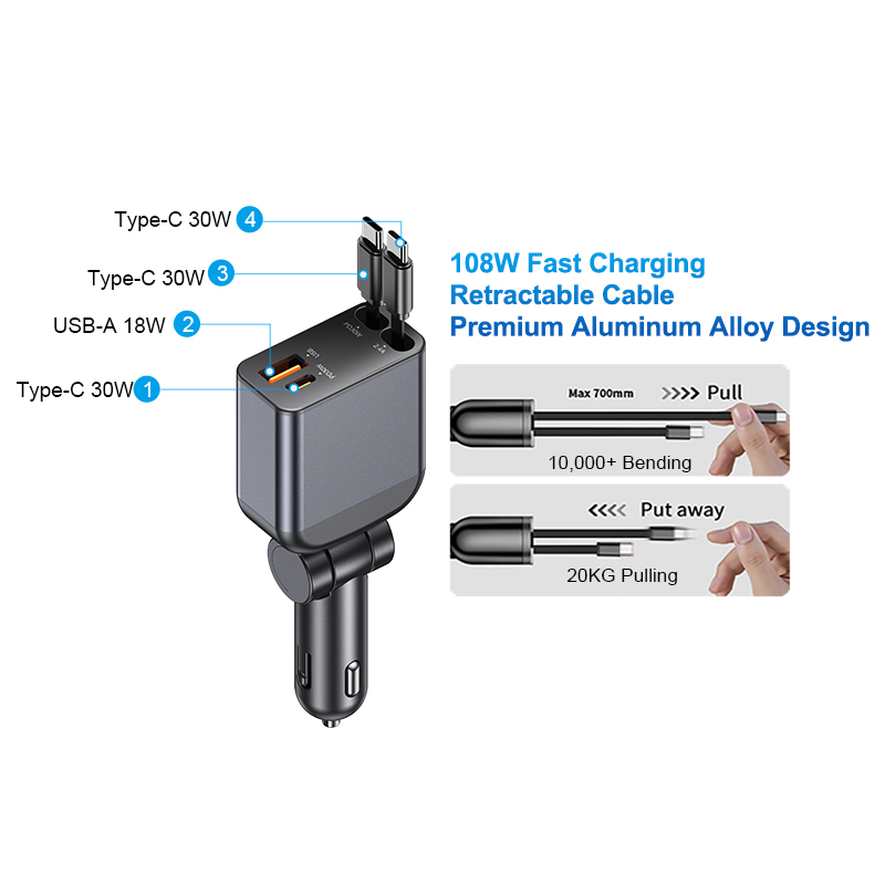 STW 6 In 1 Multi-functional 4 Port Smart 120w Dc Fast Car Phone Charger For Cars Adapter