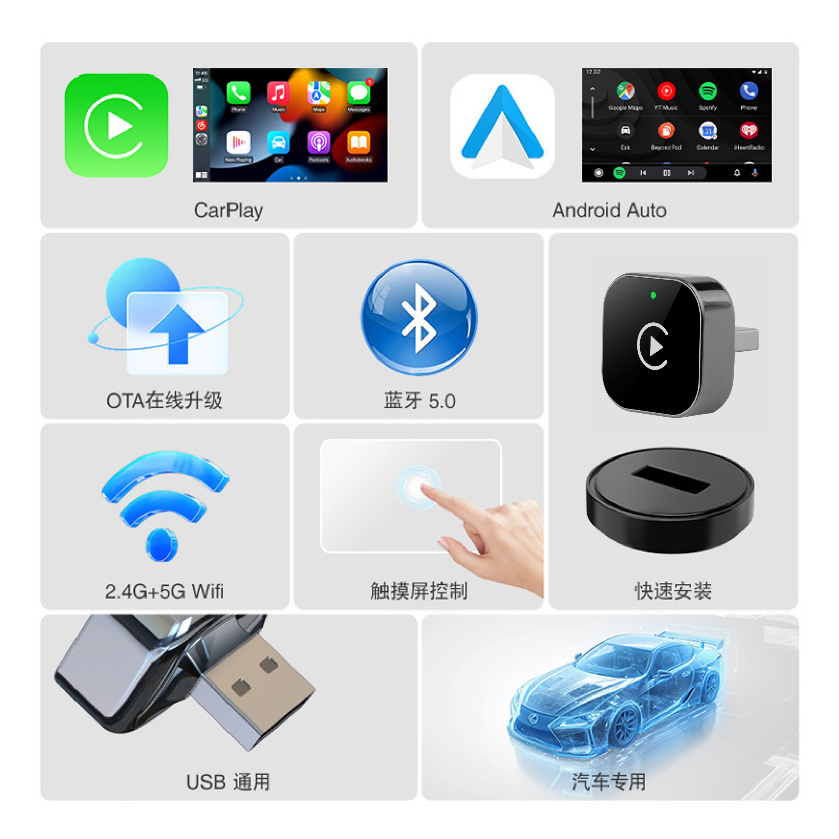 Mini 2.4 5ghz Usb-c Wireless Adapter Carplay Android Auto For Apple Dongle
