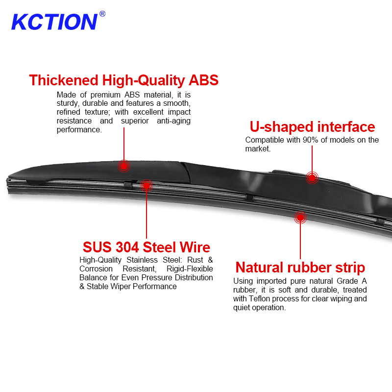 Kction Wholesale Car Accessories New Arrival OEN Universal Hybrid Windshield Wipers Natural Rubber U-HOOK Hybrid Wiper Blade