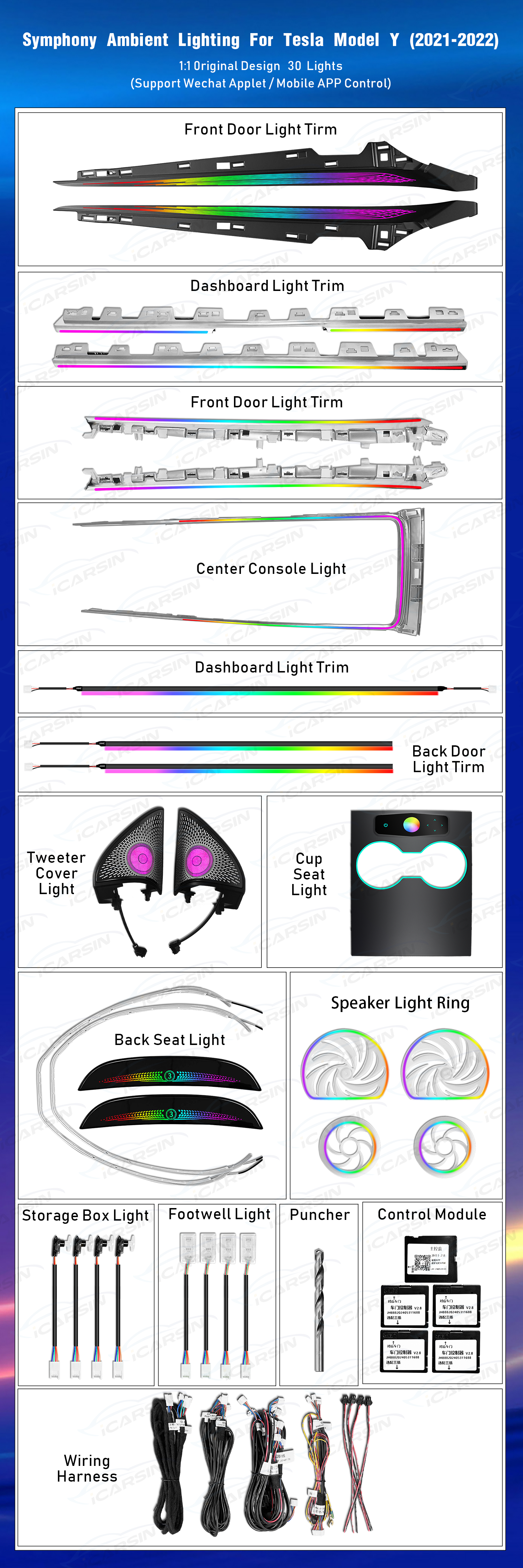 Upgrade 256 Colors Symphony Led Car Interior Ambient Lighting Accessories for Tesla Model 3/Y 2021-2025 Atmosphere Light Strip