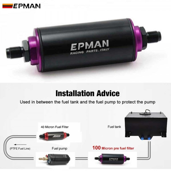 Epman Inline Fuel Filter 100 Micron 6an 8an 10an Adapter Od: 8.6mm Fittings Filter Universal