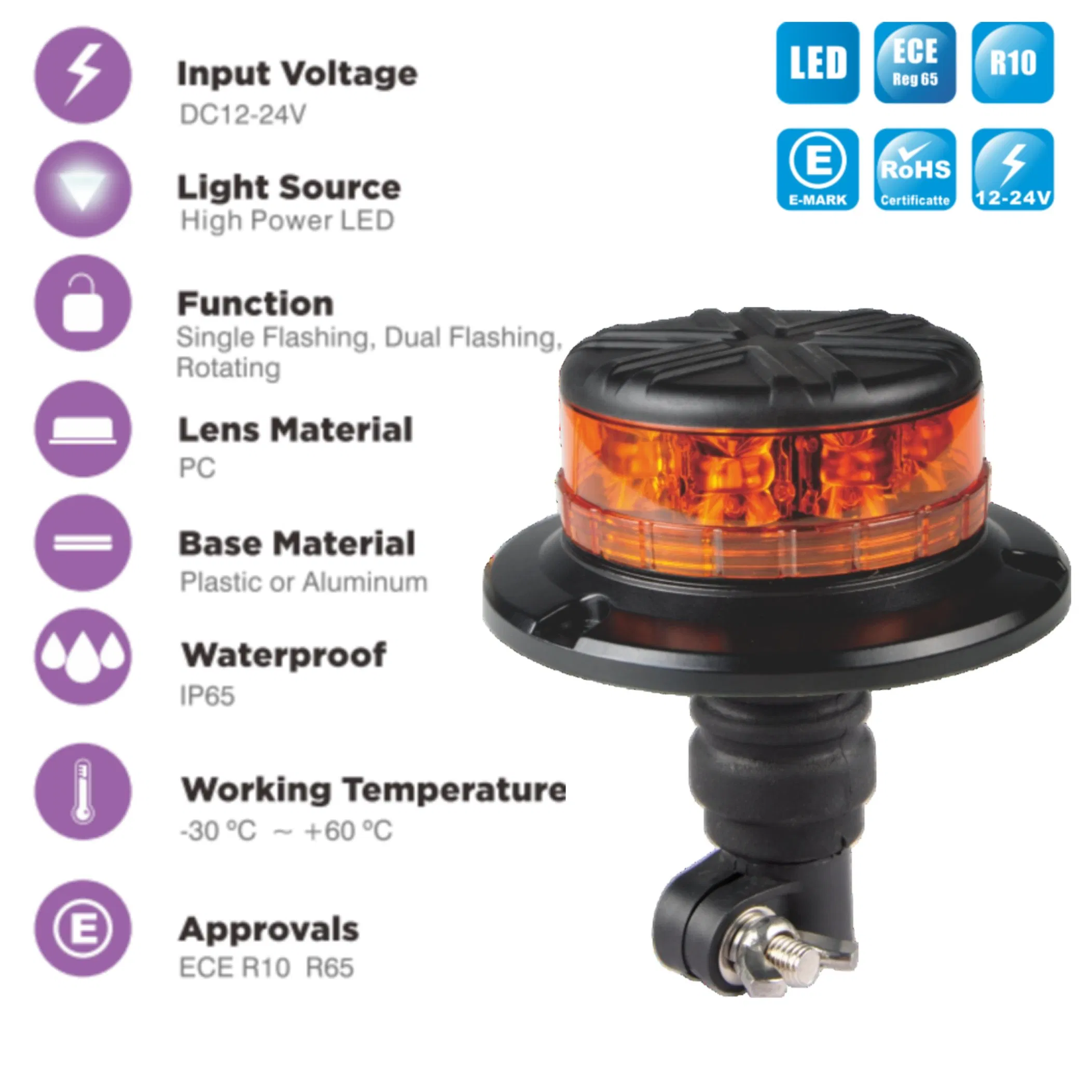Flexible DIN Base Amber Rotating LED Emergency Beacon Light for Car Accessory