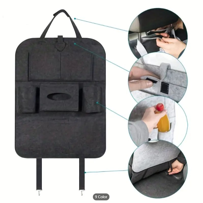 Felt Car Backseat Organizer Bag with 7 Pocket, Car Back Seat Kick Protector for Kids Roadtrip Essentials Travel Accessories