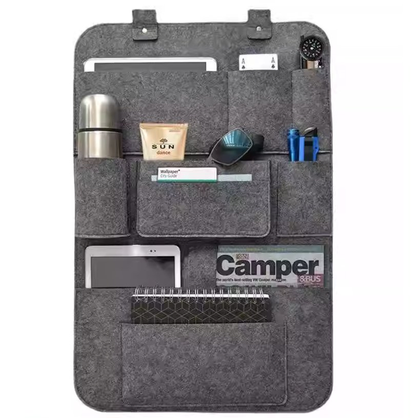 Felt Car Backseat Organizer Bag with 7 Pocket, Car Back Seat Kick Protector for Kids Roadtrip Essentials Travel Accessories