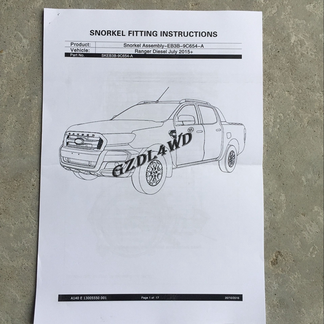 Gzdl4wd Auto Exterior Accessories Air Intake Snorkel 4X4 Car Snorkel for Ranger T7 2015-2017