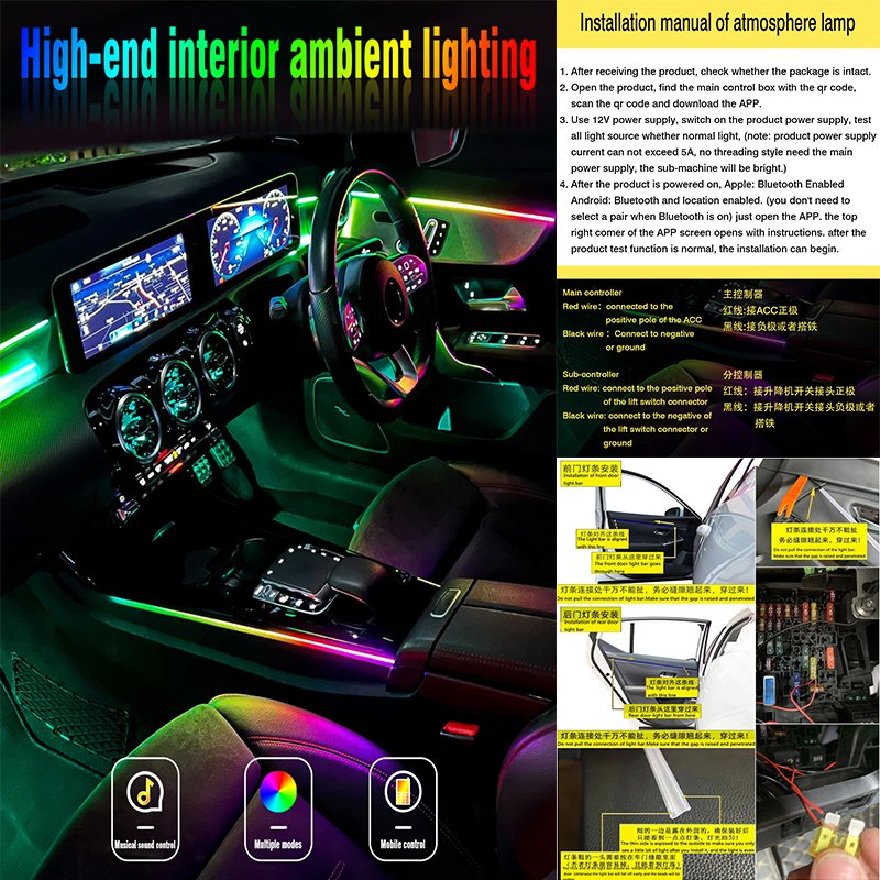 18 In1music Streamer Ambient Lighting Car Interior Accessories Dual Zone RGB 64 Neon LED Acrylic Strip Car Decor Atmosphere Lamp
