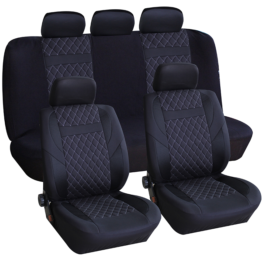 Universal Fashionable 9 PCS Full Set Car Seat Cover in Embroidered Sandwich Leather Fabric Washable Car Interior Accessories