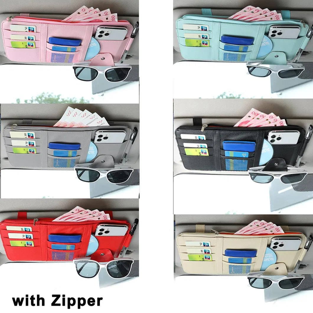 Car Sun Visor Organizer Sunglasses Holder Leather Auto Interior Accessory Travel Document Storage with Multi Pockets