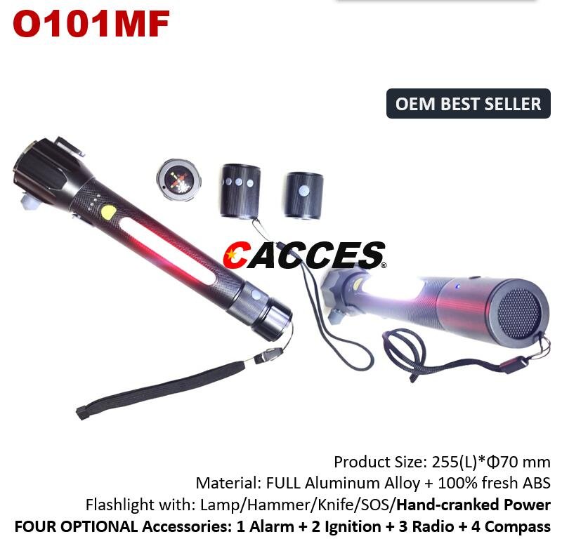 Multifunction LED Flashlight Indoor Flashlight Super Bright 5 Modes for Emergency Outdoor Car Use with Optional 4 Accessories for Compass, Radio, Alarm&Ignition